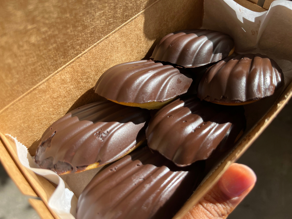 A box of chocolate-coated madeleines