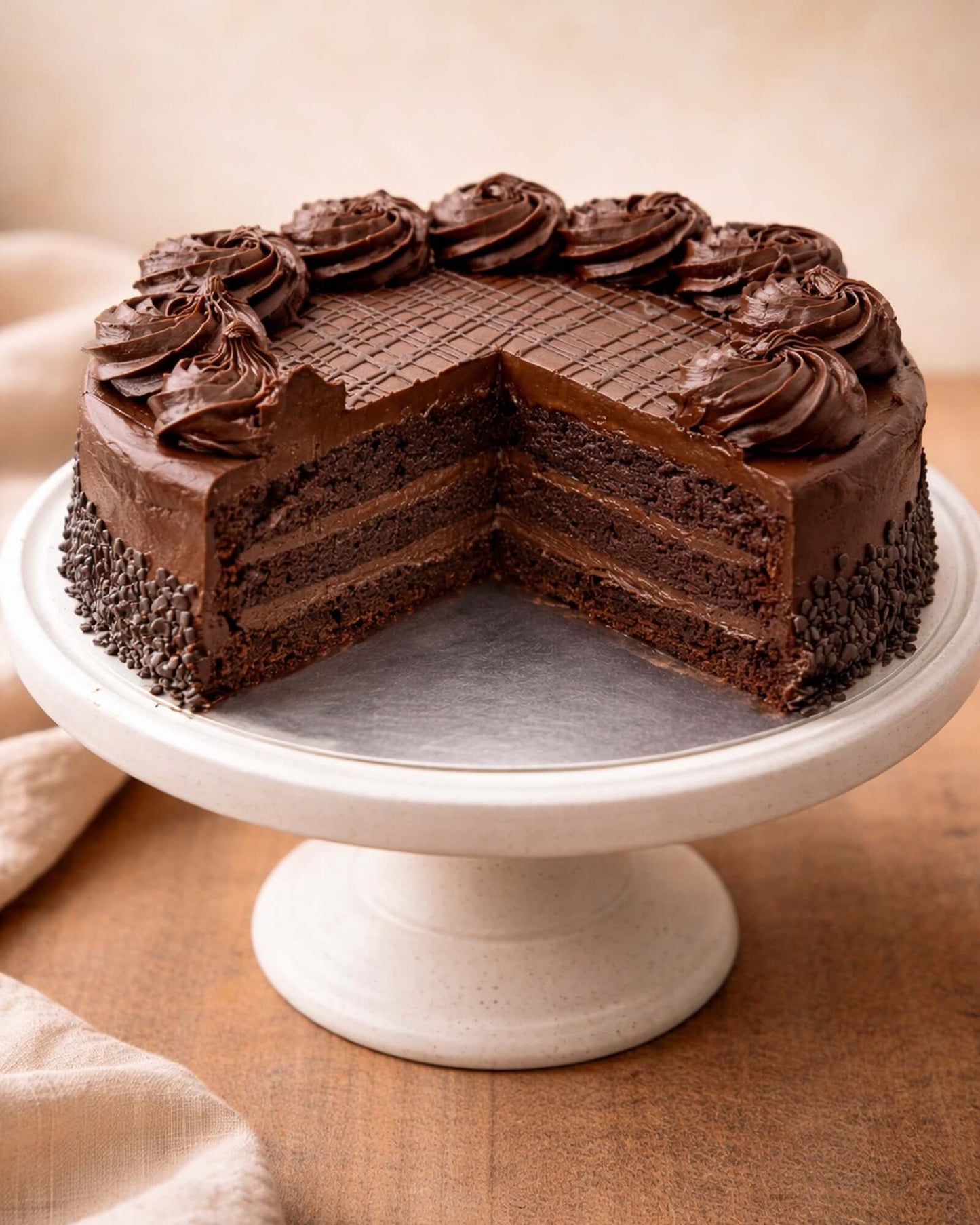 Chocolate layer cake on a pedestal