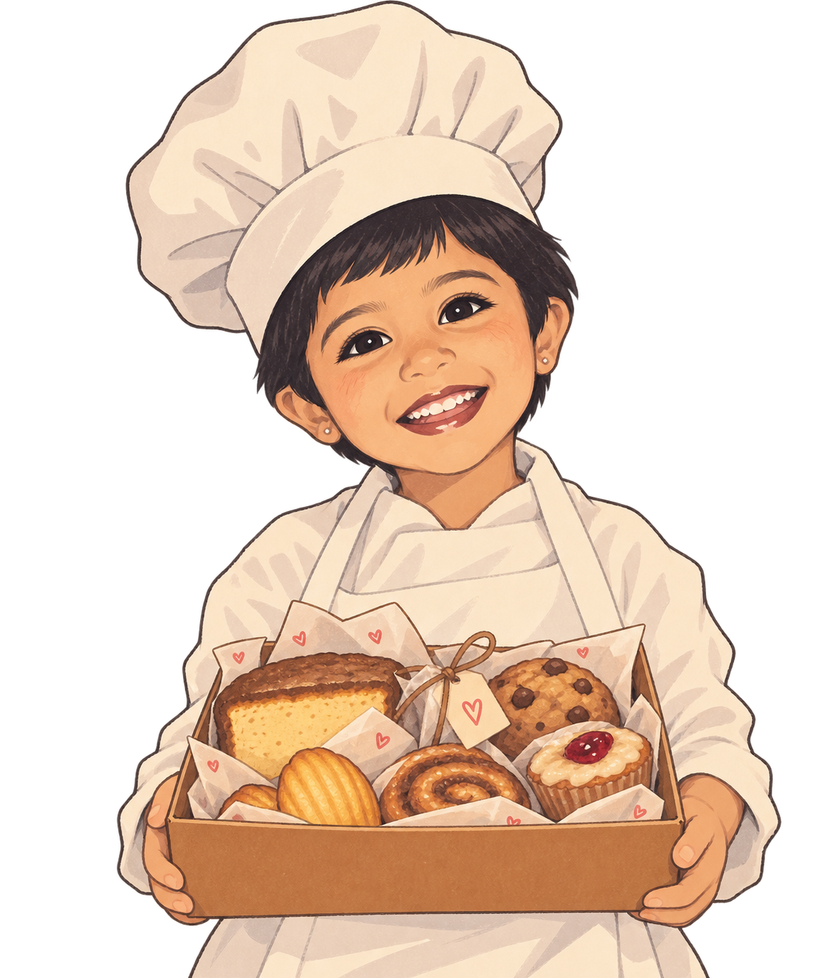 Illustration of a smiling little baker holding a box of treats